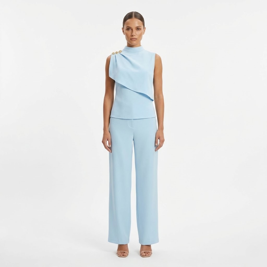 Conjunto Feminino Alfaiataria Calça Pantalona Wide Leg + Blusa Assimétrica Elegante Social P M G GG