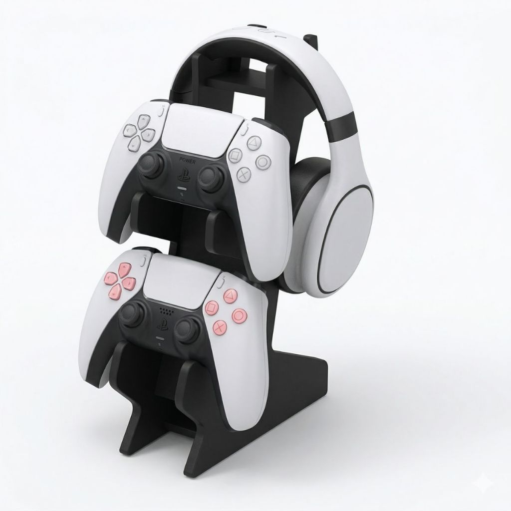 Suporte Gamer Mesa 3 em 1 Headset Fone E 2 Controles PS5 Xbox PC Organizador Setup MDF