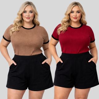 Kit 2 Conjunto Feminino Plus Size de Blusa e Short. 2 Conjunto Plus Size Feminino de Short e Blusa de Manga Curta.