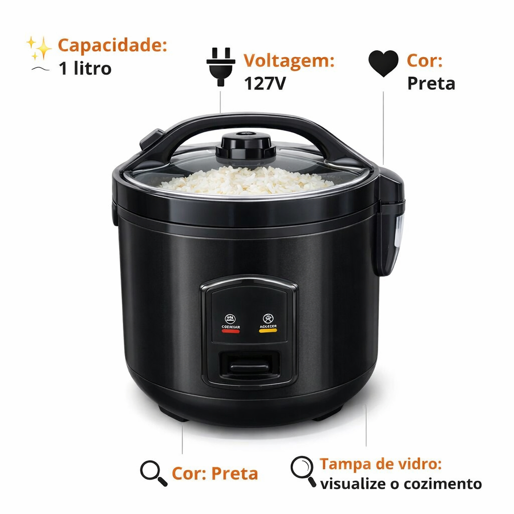 Panela Eletrica Arroz Capacidade 1 Litro Potencia 127 Volts Preta Compacta