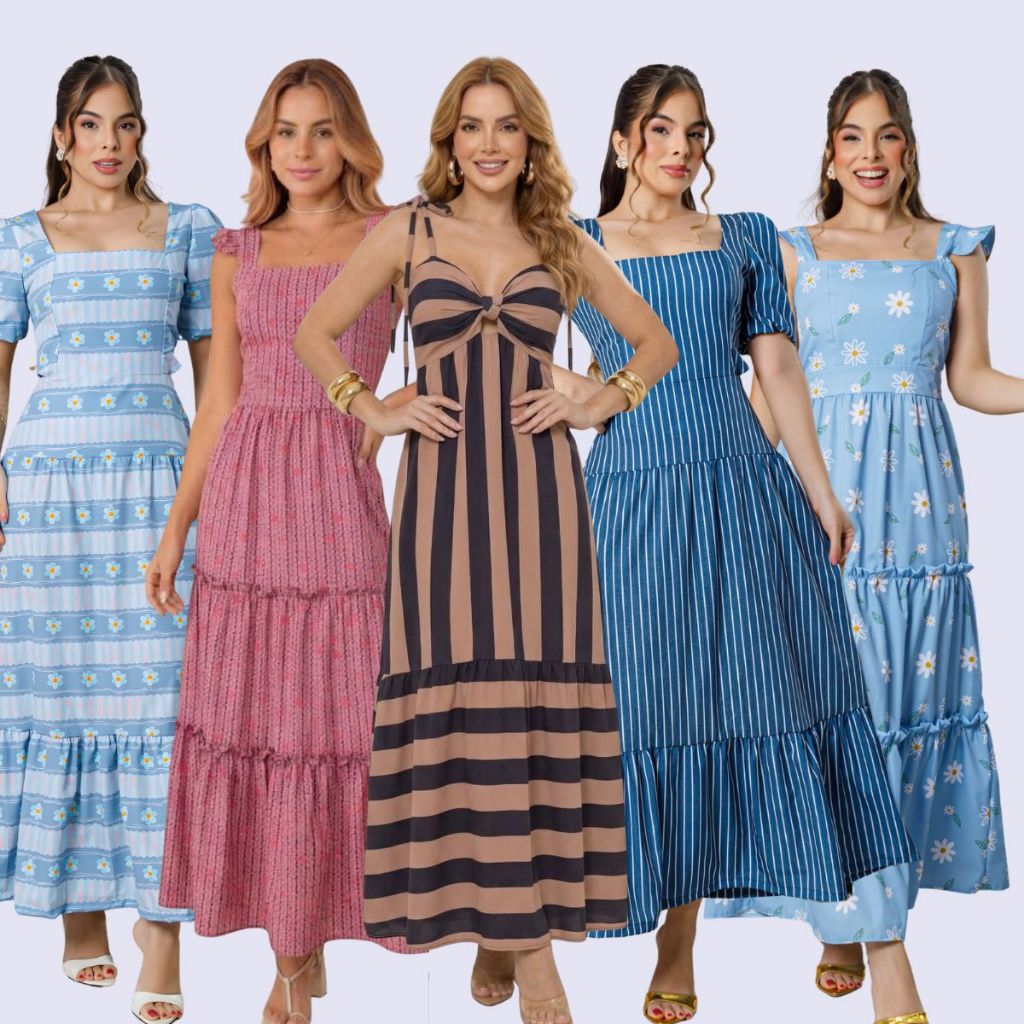 Vestido Longo Feminino Elegante Festa Estampado Floral Evangélico Babado Moda Luxo Soltinho