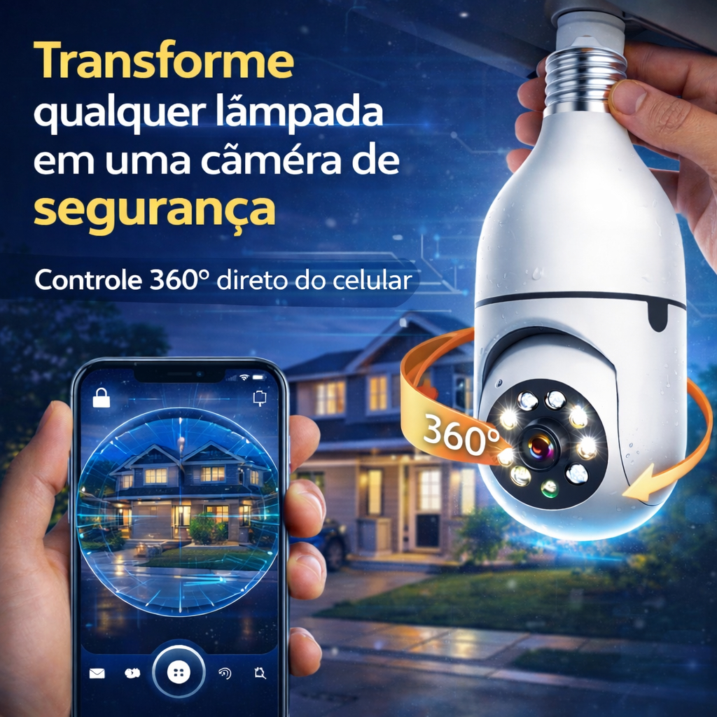 Câmera Lâmpada WiFi 360° Full HD Visão Noturna Colorida Áudio App Segurança IP