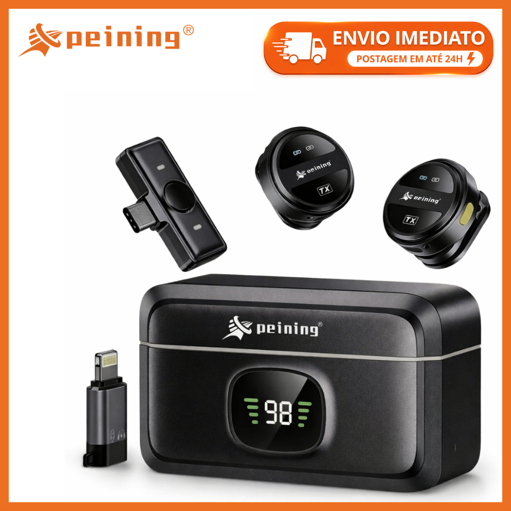 Microfone Lapela Redondo Sem Fio Profissional com Adaptador iPhone Tipo C Celular Magnético Peining