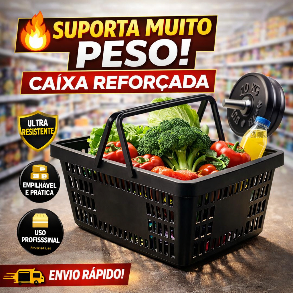Cesta Plástica Preta Multiuso Reforçada Caixa Organizadora Supermercado Resistente Vazada Prática
