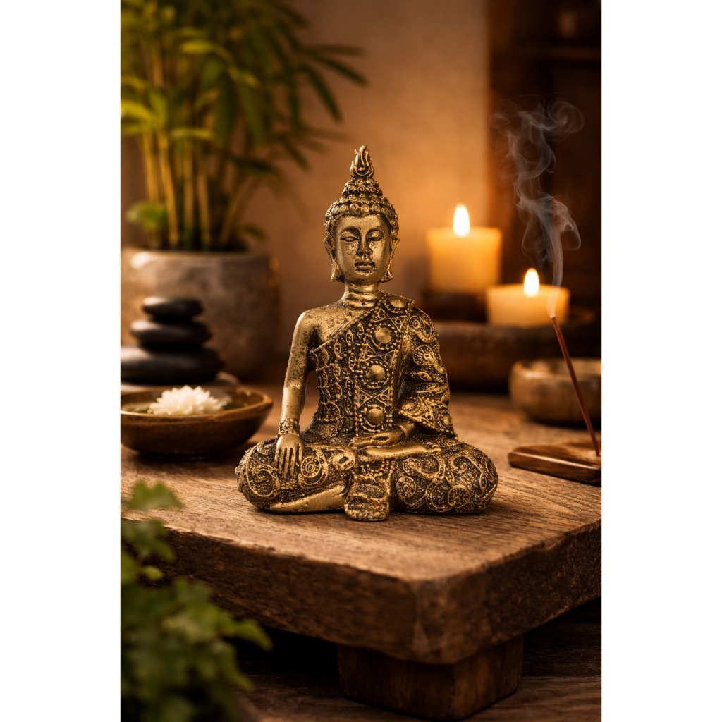 Imagem Buda Hindu Tibetano Meditando Dourado em Resina – Estátua Decorativa Zen Prosperidade e Harmonia