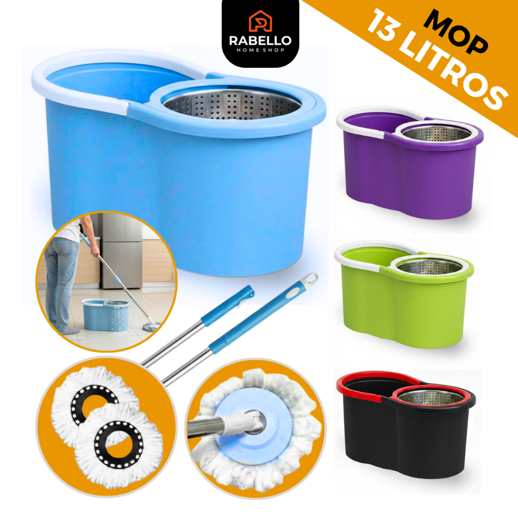 Mop Esfregão Balde 13 Litros e Rodo Giratório 360° com Alça Cesto Cabo Inox + Refil Mágico Limpeza
