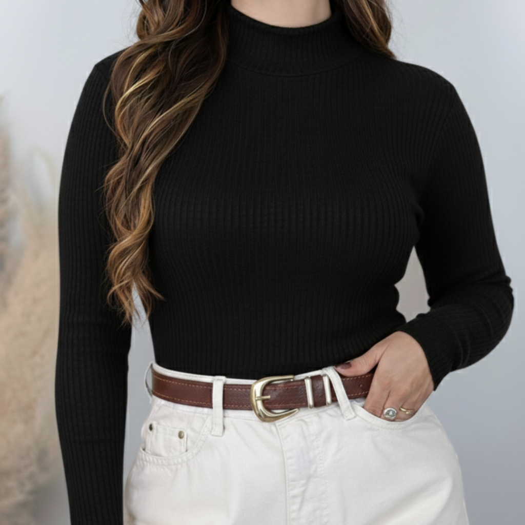 Blusa de Frio Feminina Cacharrel Canelada Gola Alta Basica Suéter Inverno Liso Segunda Pele Feminino