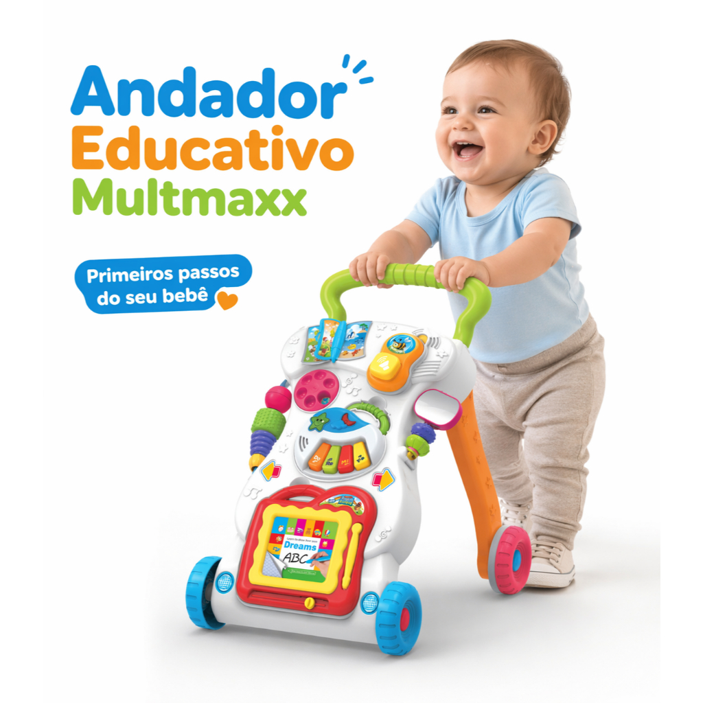 Andador Bebê Educativo Musical Multmaxx Primeiros Passos com Atividades Luz e Som Didático 6 Meses