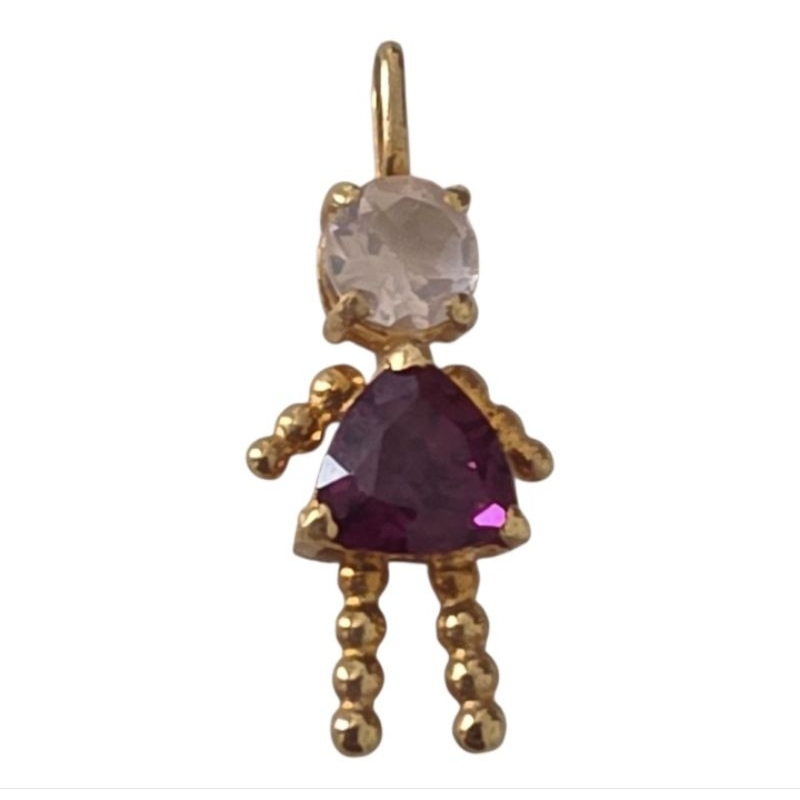 pingente menina ouro 18k amarelo com safira rosa e rodolita naturais. Rosângela lima joias