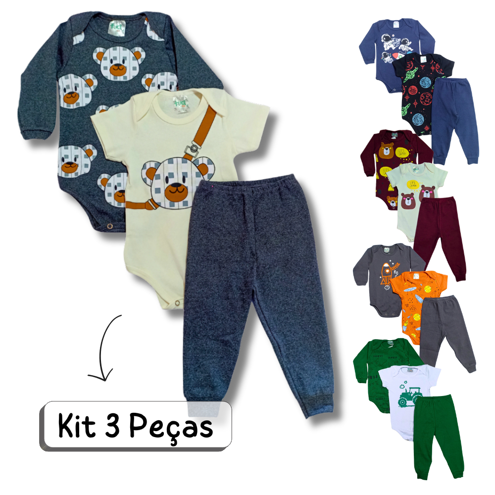 Kit 3 Peças Bebê com 2 Body e 1 Calça Mijão Roupa Algodão Manga Longa Menino Tamanho RN P M G GG