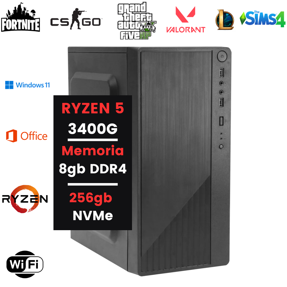 Gabinete Cpu Gamer Completo Ryzen 5 8gb DDR4| 256GB SSD NVMe C/wifi
