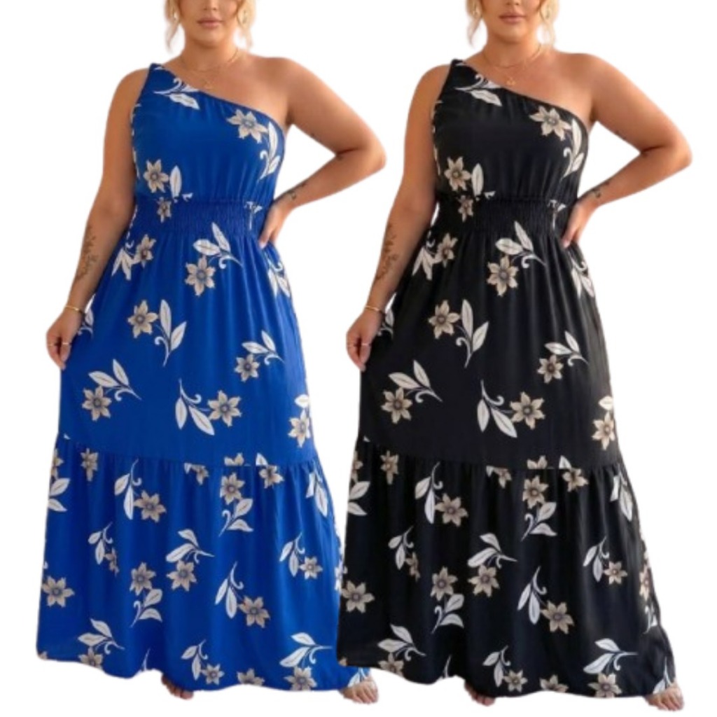 Vestido Feminino Longo Uma Alça Rodado Soltinho Adulto Babado Estampado Fresquinho Floral Florido Lastex  Plus Size