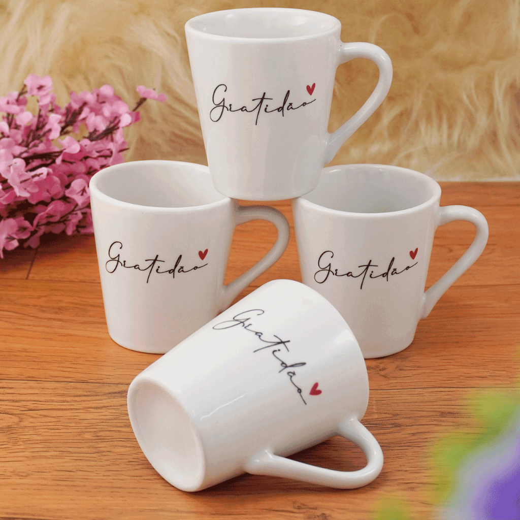 Jogo 4 Xícaras / Canecas Porcelana Café Chá 120 ml Gratidão Branca Spot
