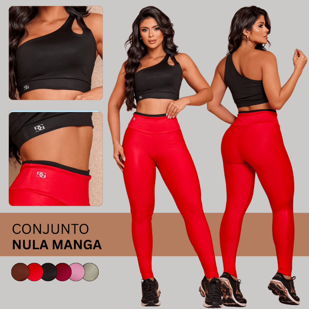 Conjunto Fitness Academia Feminino Top Nula Manga e Calça Zero Transparência Confortável Musculação