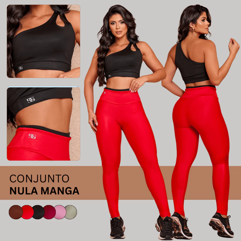 Conjunto Fitness Academia Feminino Top Nula Manga e Calça Zero Transparência Confortável Musculação