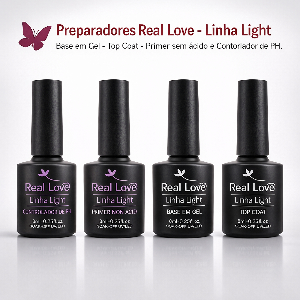 Kit Real Love Light – Primer Non Acid + PH Balancing + Base Gel + Top Coat 8ml - Envio Imediato