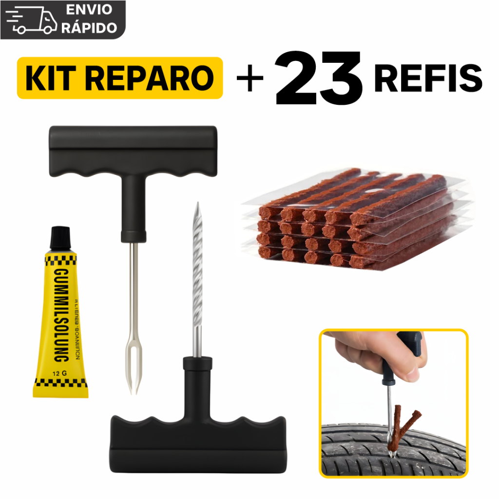 Kit Reparo Pneu Sem Camara Carro e Moto + 23, 13 ou 3 Refil Selante Macarrão Remendo Bicicleta