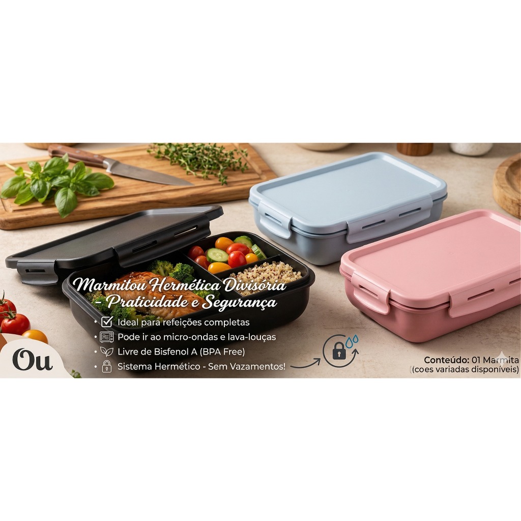 Marmita OU Lancheira Microondas Freezer Pote de Alimentos 870ml com Tampa Hermética Trava Divisória Preto