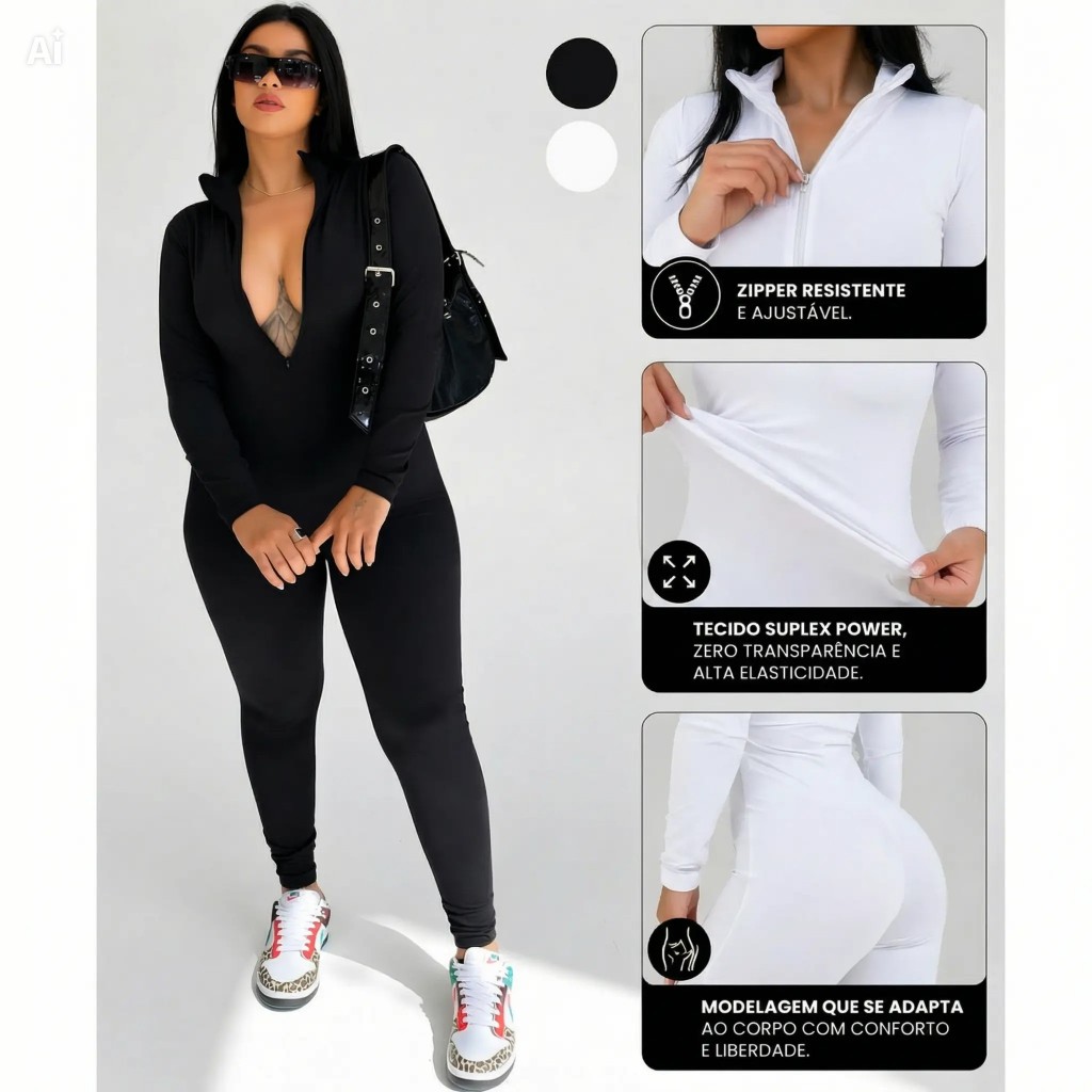 Macacão Feminino Longo Com Ziper Moda Gringa Balada Virginia Blogueira Suplex Gringo Fitnes Academia