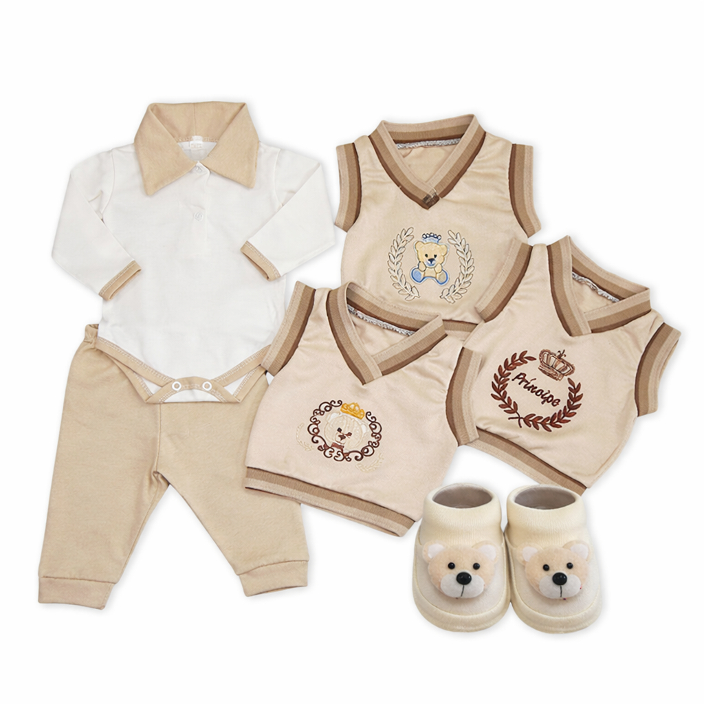 Kit Maternidade 4 Peças Pagão com Sapatinho e Body Gola Polo Calça e Colete Bordado