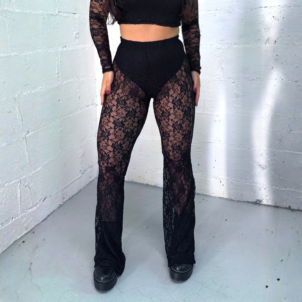 Calça Flare De Renda Transparente Feminina De Cintura Alta
