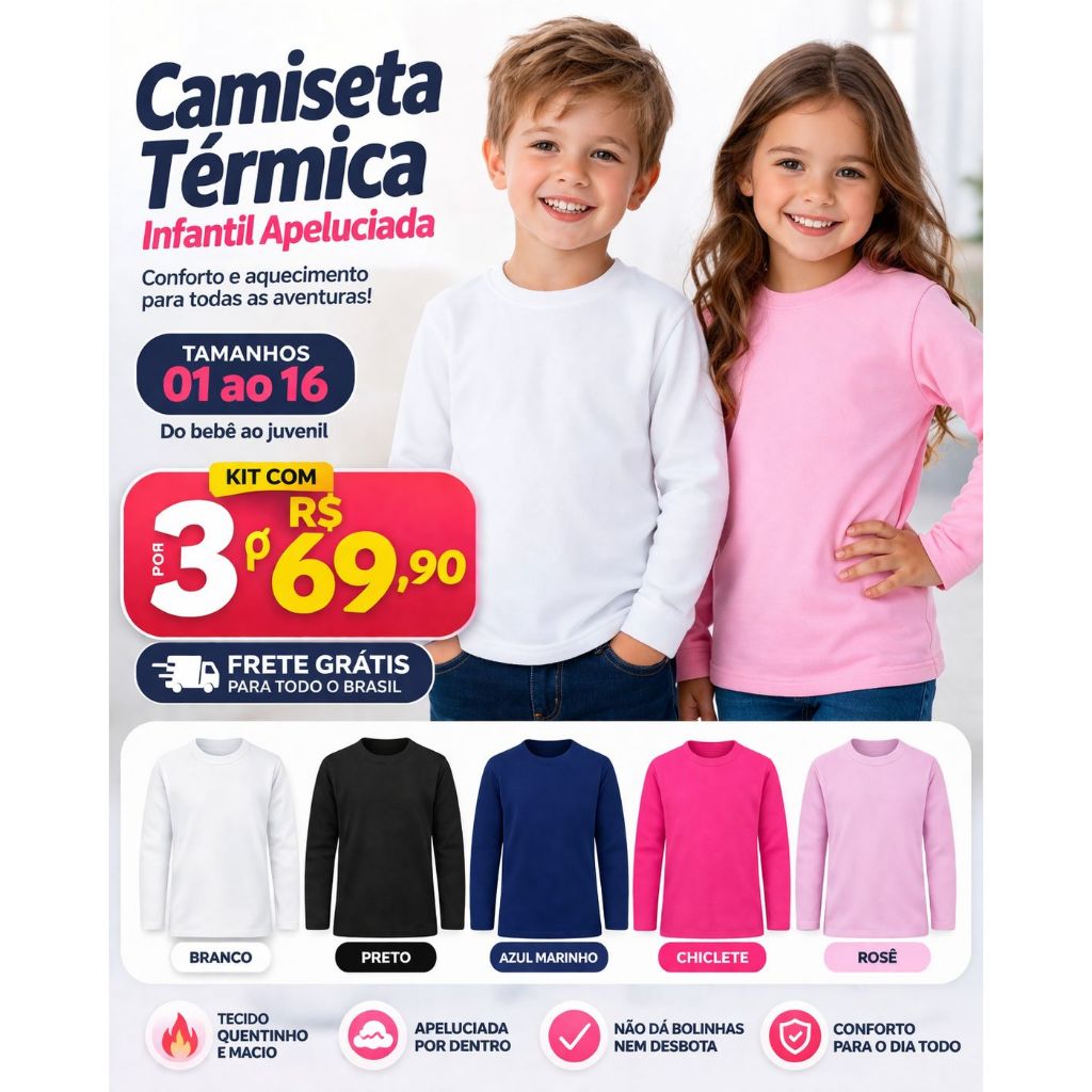 Kit 3 Blusas Térmicas Unissex Infantil Segunda Pele Inverno Roupa de Frio Criança 01 ao 16 anos