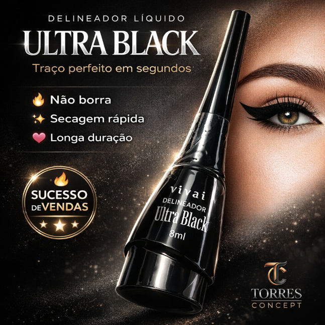 Delineador Líquido Ultra Black Vivai Maquiagem Olho Gatinho Secagem Rápida Longa Duração Ponta Fina