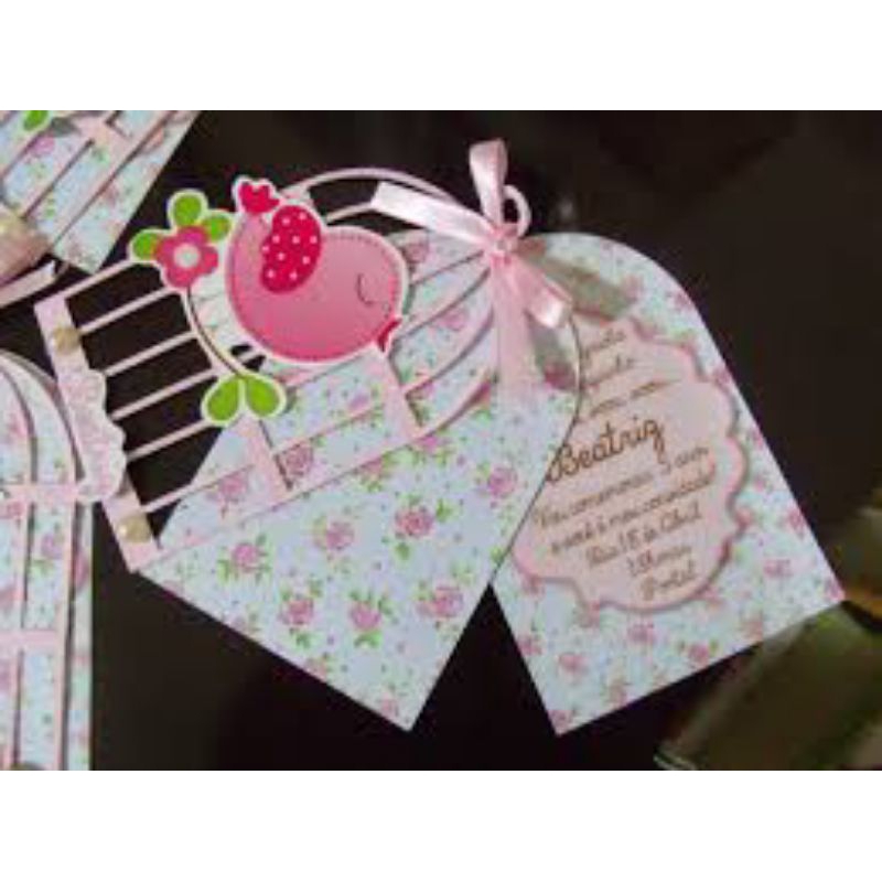 Convite Jardim Encantado Floral,Personalizado Luxo com Tag e Fita Papel Fotográfico Festa Infantil, convite gaiolinha