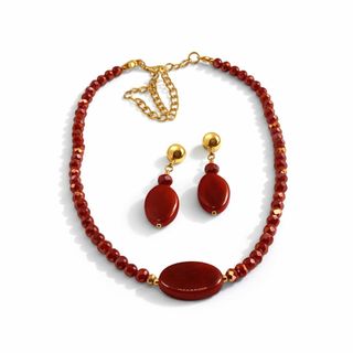 Kit Colar + Brincos Vermelho Elegante Luxo Feminino | Bijuteria Fina Dourada Premium