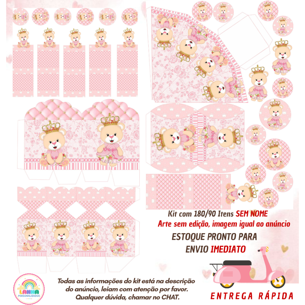 TEMA: CHÁ REVELAÇÃO URSA PRINCESA KIT  LEMBRANCINHAS COM 180/90 ITENS  S/COM NOME - ENCIO IMEDIATO
