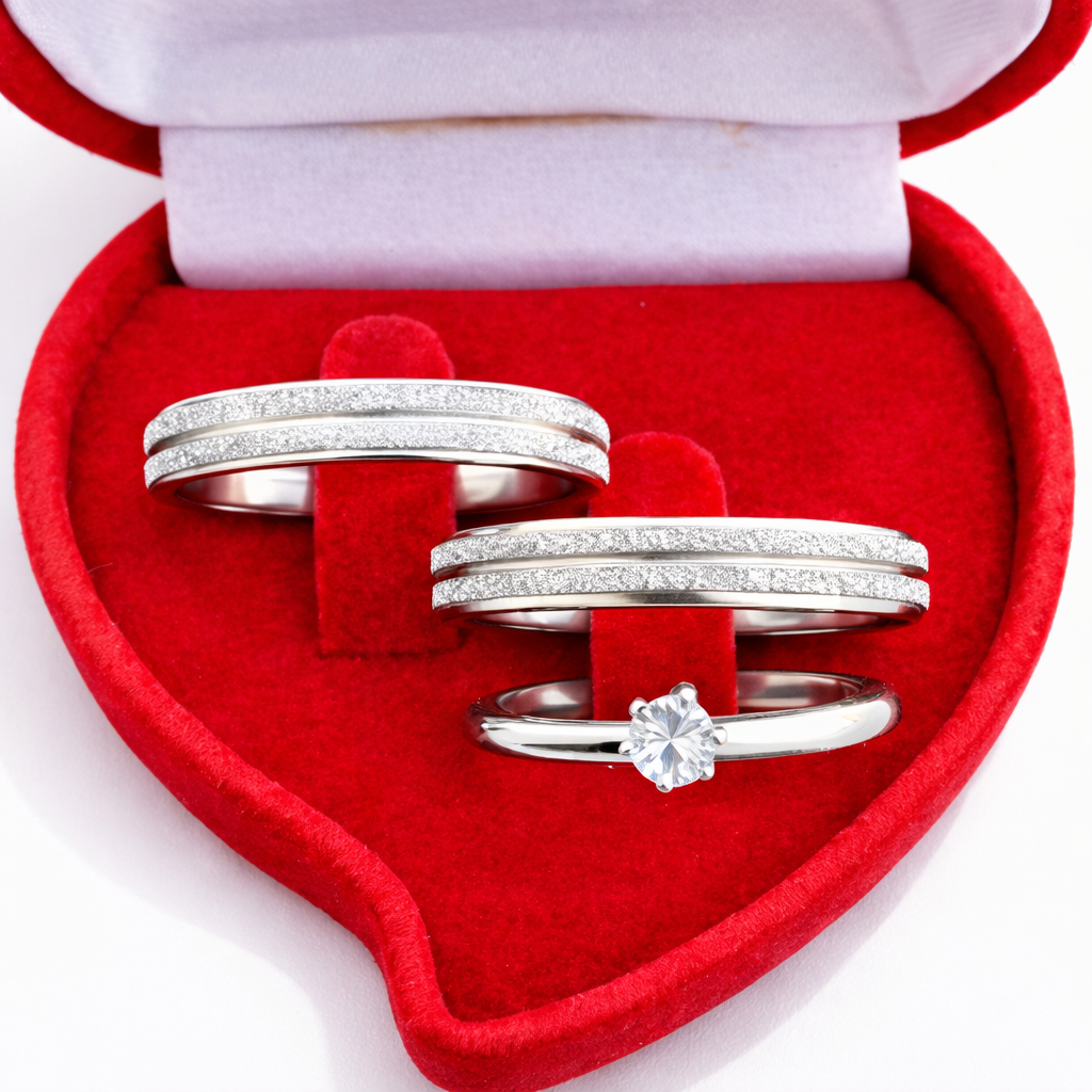 Par de Alianças de Namoro em Prata com Anel Solitário e Caixa de Veludo 4mm Design Fino, compromisso em Oferta na Shopee