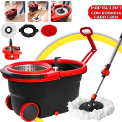 Mop Profissional 3 em 1 Inox 16L Com Rodinha Balde 360º Giratório Multiuso com Alça Extensível