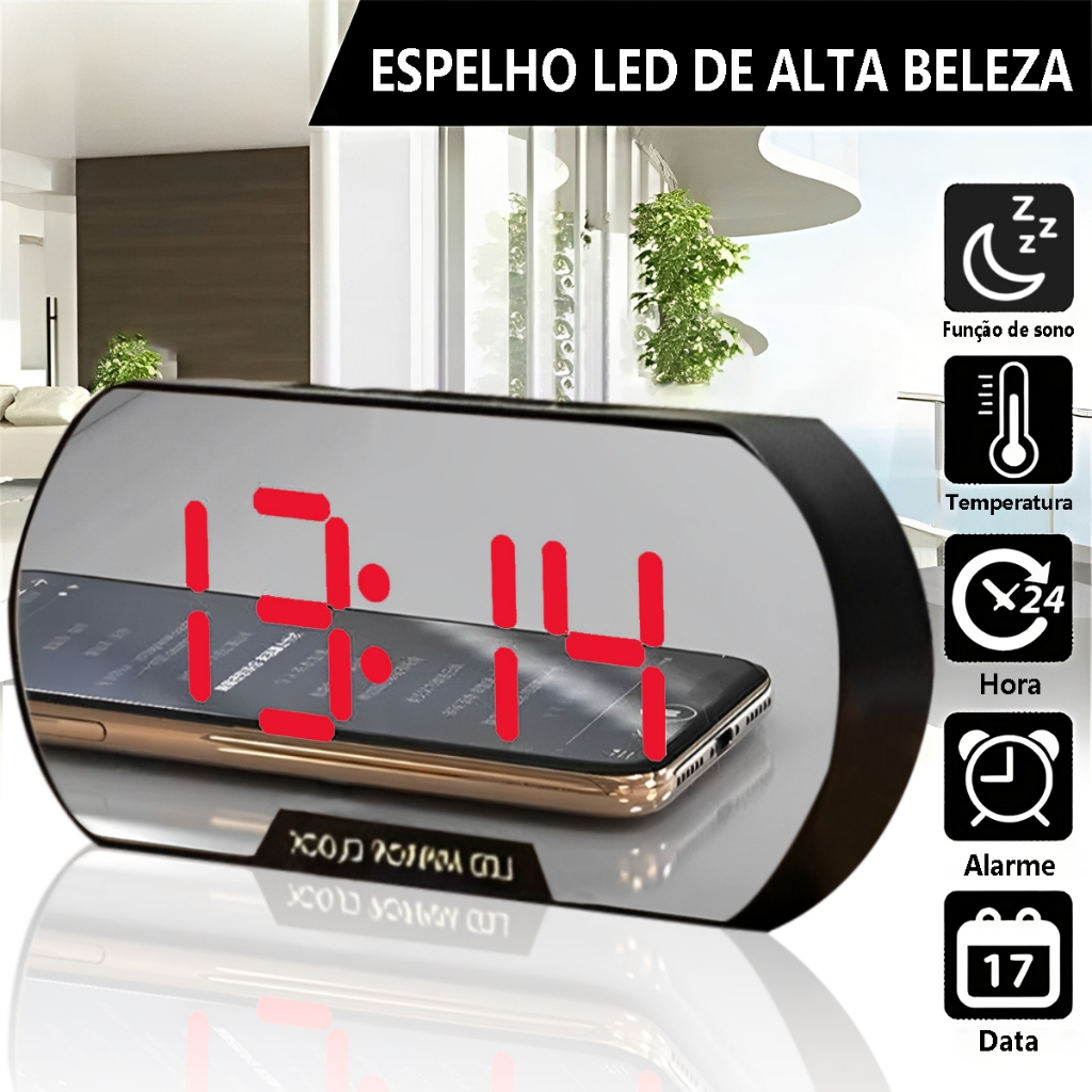 Relógio Despertador De Mesa Led Digital Alarm Design Fino E Minimalista Com Visor De Temperatura Multifuncional