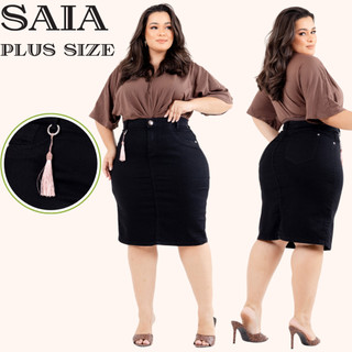 Saia Plus Size PREMIUM  Evangelica Jeans Com Acessório Na Cor Preto Amaciado  Do 46 ao 54