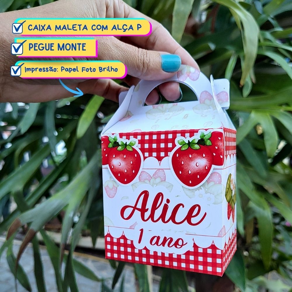 Caixa Maleta Morango Moranguinho P Personalizada Lembrancinha Festa Aniversário Pegue e Monte