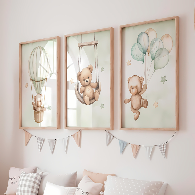 Quadros Infantis Ursinho Balão Balanço Aquarela Verde Menta Menino Decoração Quarto Hall