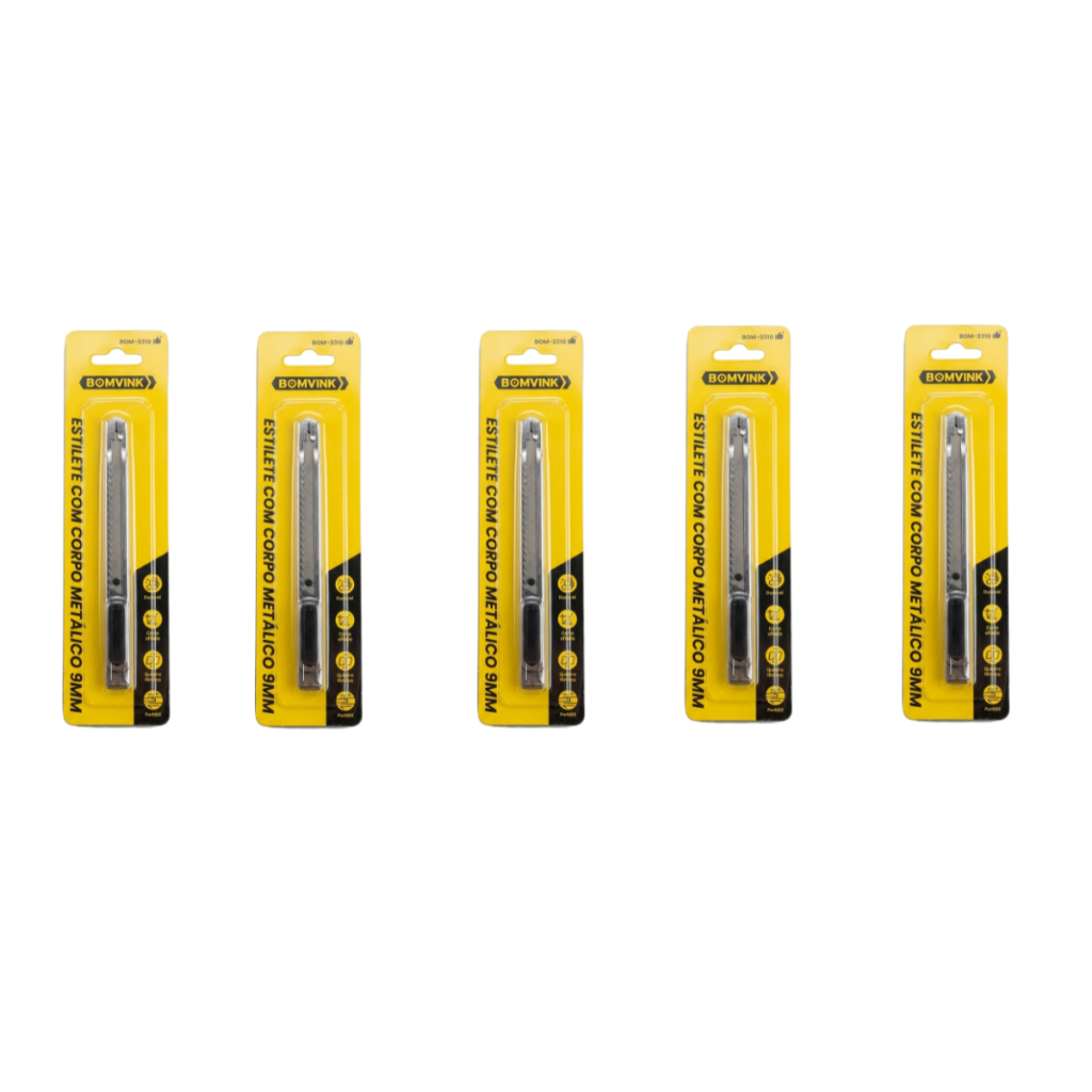 Kit Com 5 Estilete Corpo Metálico Insulfilm Papel Lâmina 9mm