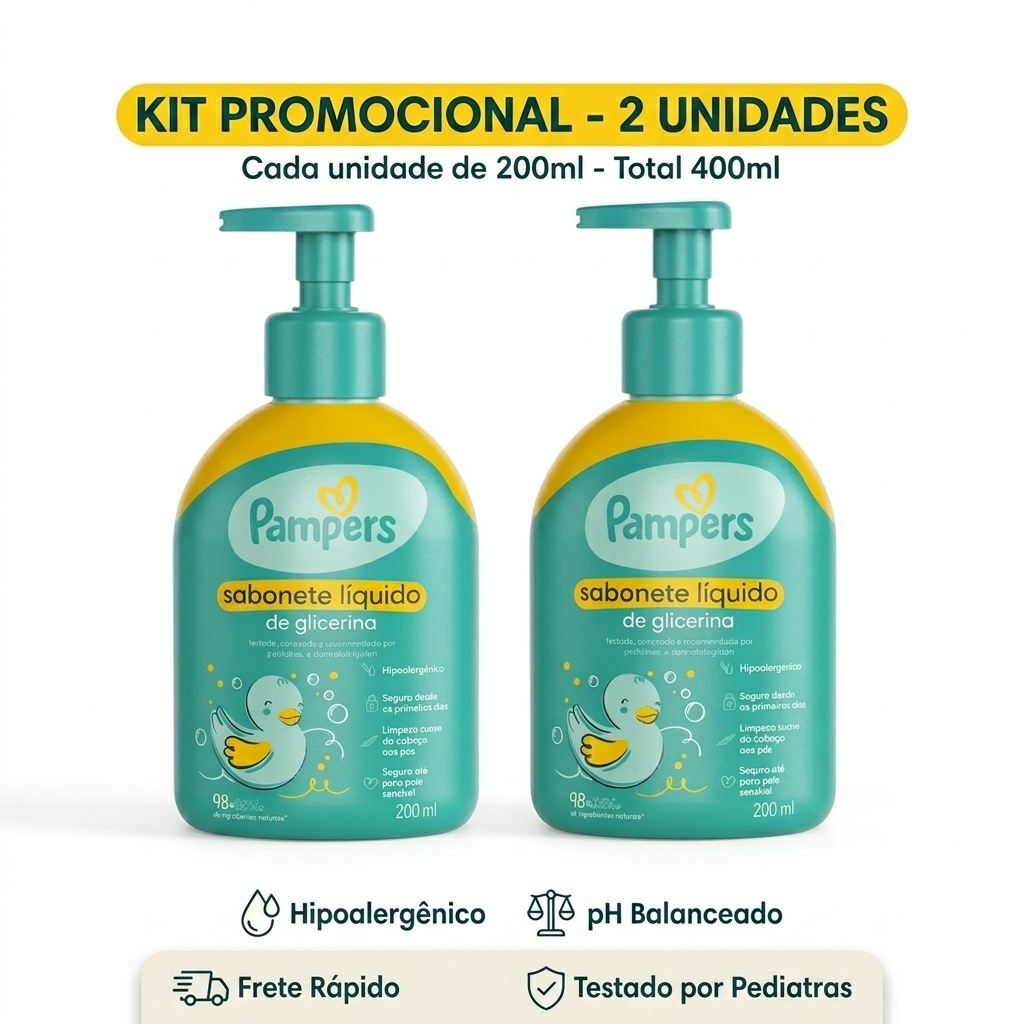 Kit com 2UN (200ml + 200ml) - Sabonete liquido para bebê com glicerina pampers