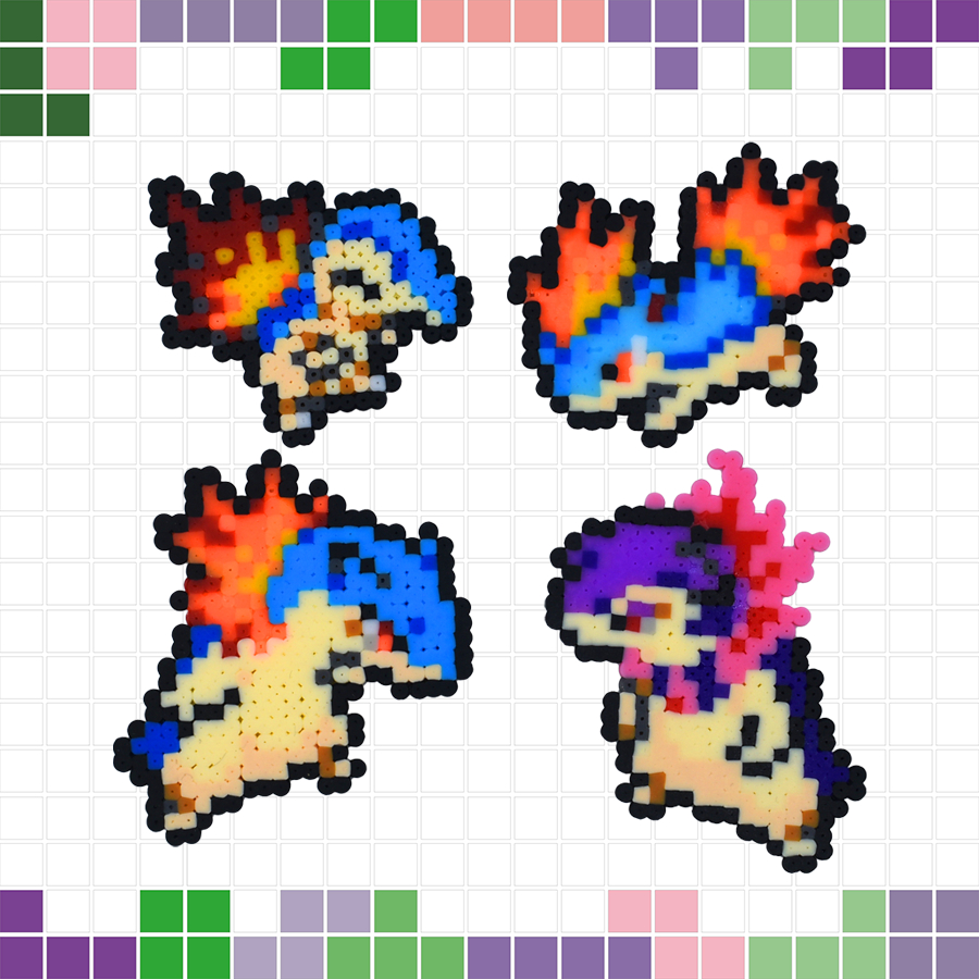 Pokemon Linha Evolutiva Cyndaquil, Quilava, Typhlosion, Typhlosion Hisuian Chaveiro, Imã ou Broche Pixel Art Bead Perler