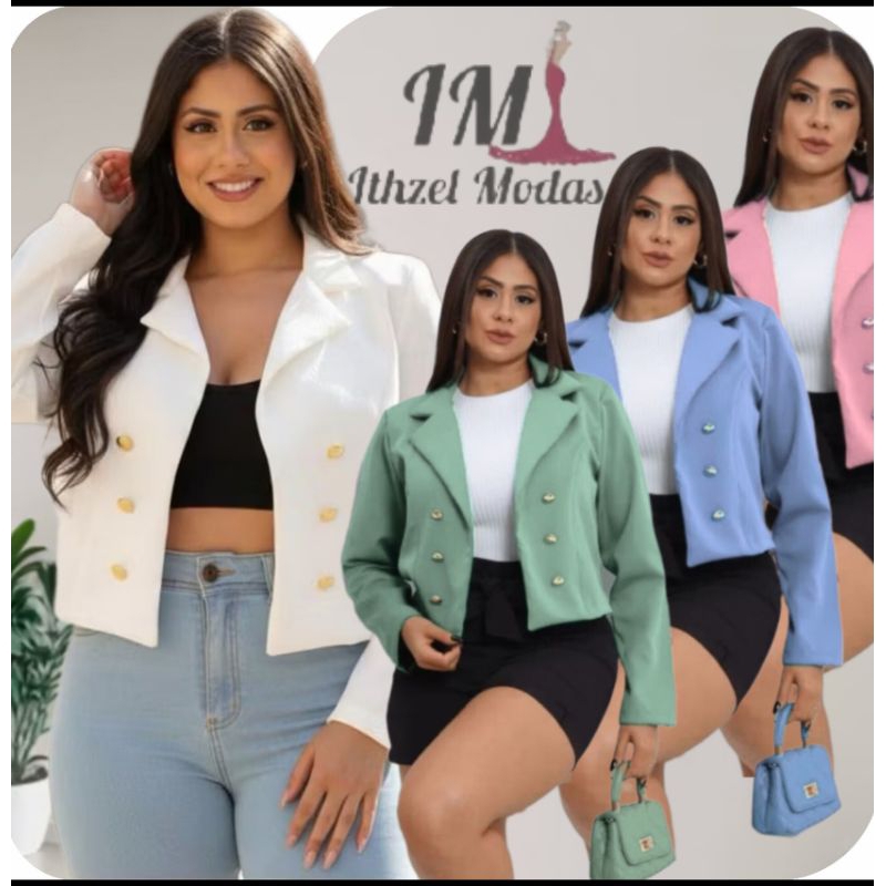 Blazer Feminino Liza Curto Alfaiataria Casaco Social Trabalho Botões Dourados