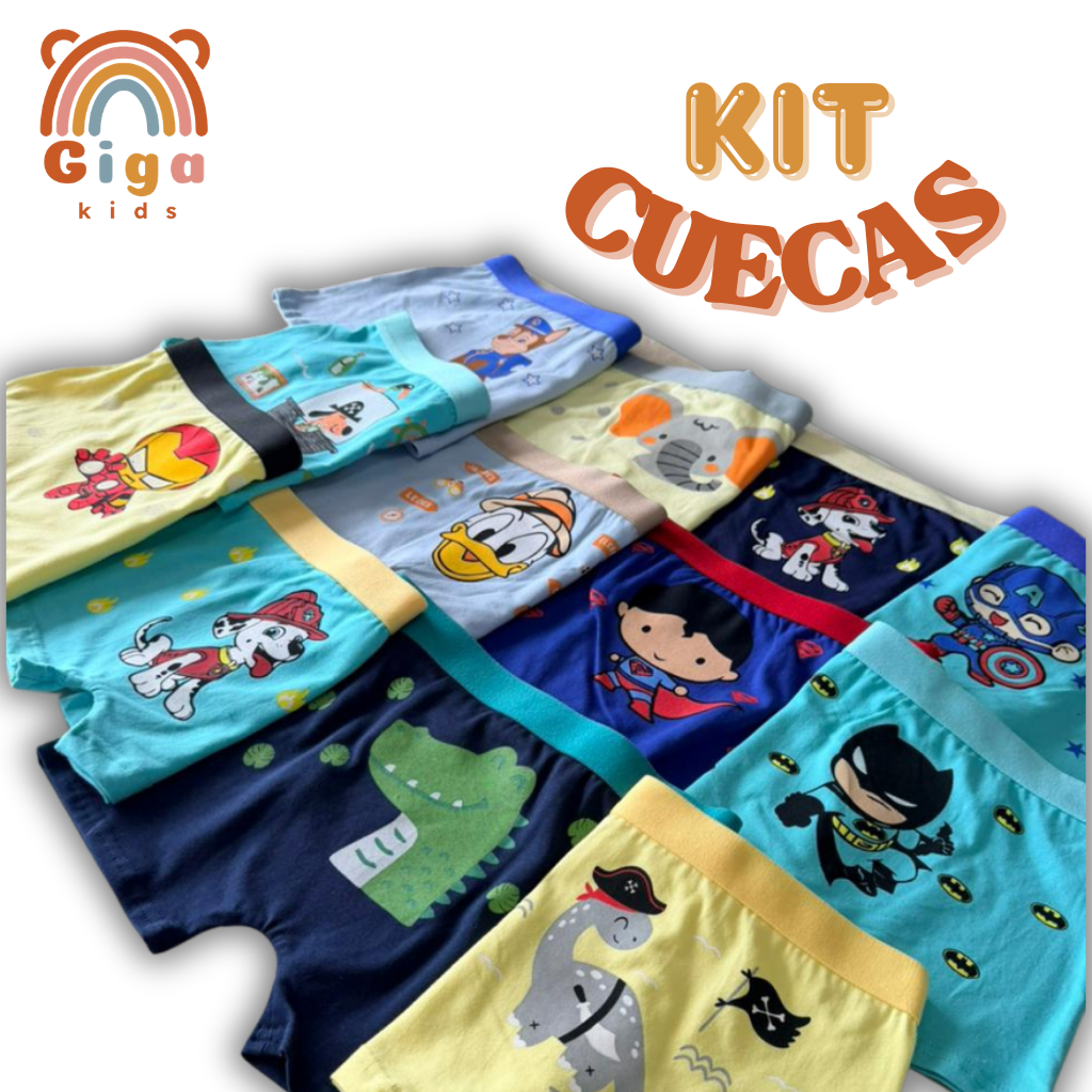 Kit Cuecas Infantis 2 unidades e 3 unidades, de Algodão Cotton Premium Estampas Personagens Sortidas
