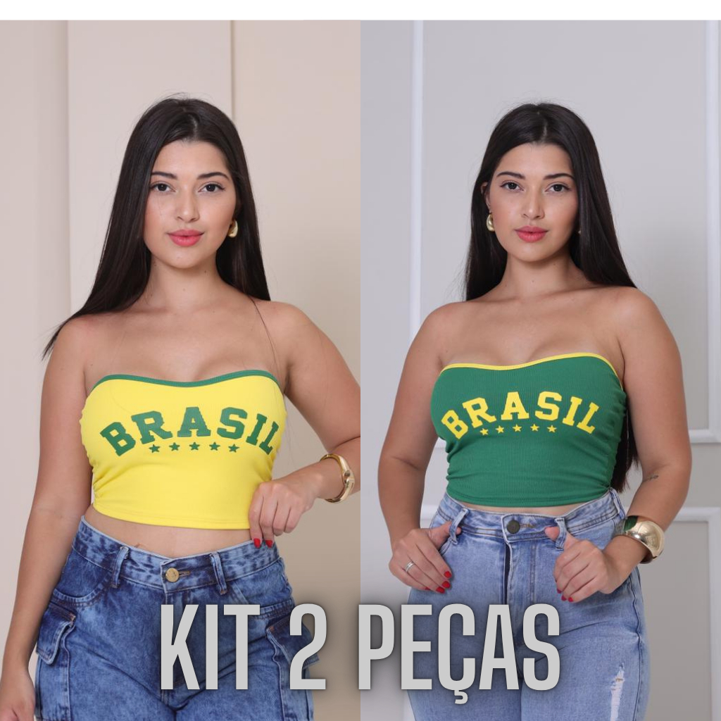 Kit Com 2 Peças Top Brasil Cropped Copa Verde Amarelo Tecido Ribana