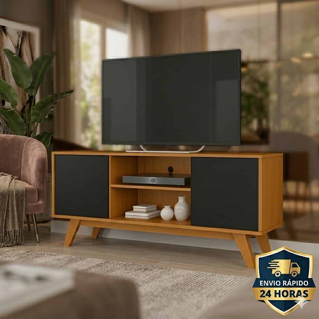 Rack Para TV 50 Pol. Turim – Pés em Madeira, Nichos e 2 Portas – Envio Rápido!