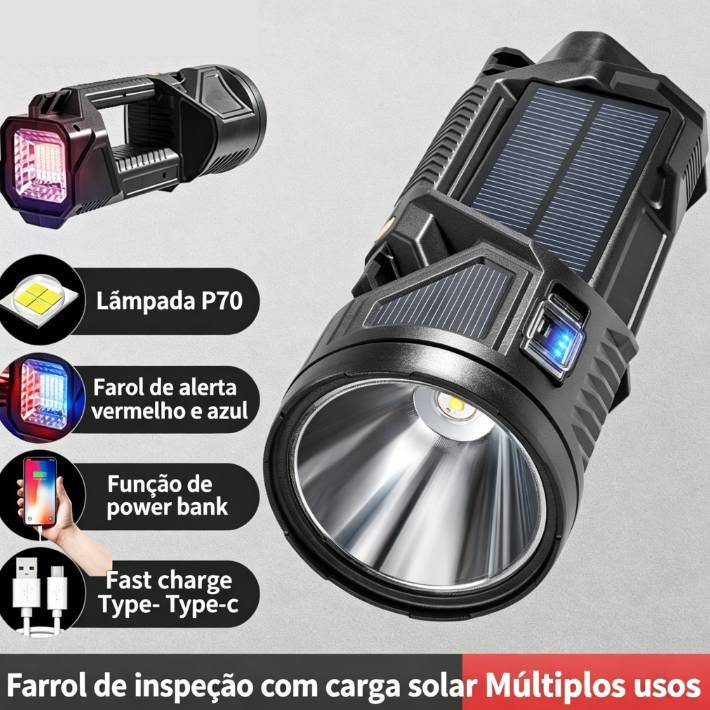 Lanterna Led Potente Grande Recarregável Solar Usb Tática