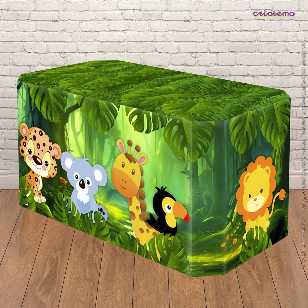 Capa de Mesa Infantil Festa Decoração Safári Animais Sublimado Em Tecido Forro Veste Fácil
