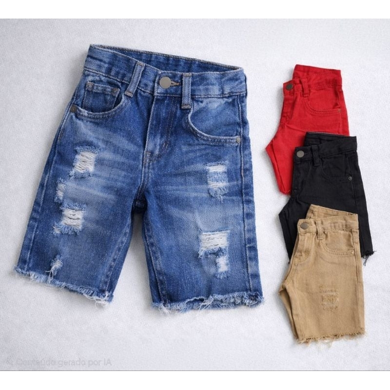 Bermuda Jeans Infantil Masculina Rasgada ou Lisa Barata Promoção Confortável do 2 ao 16
