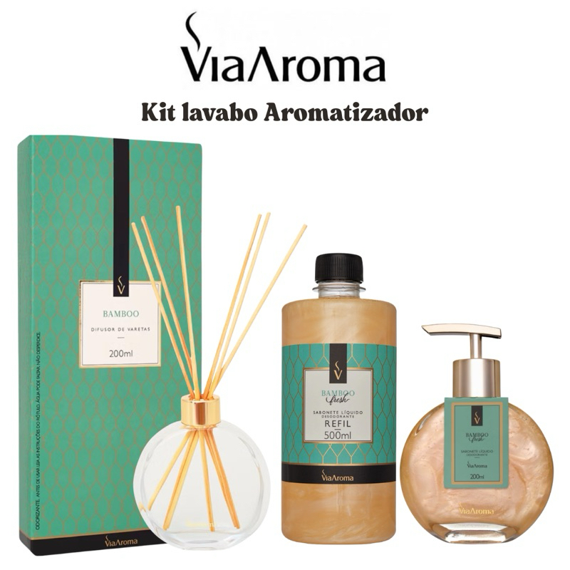 Kit Via Aroma Lavabo Completo Difusor + Sabonete Líquido + Refil