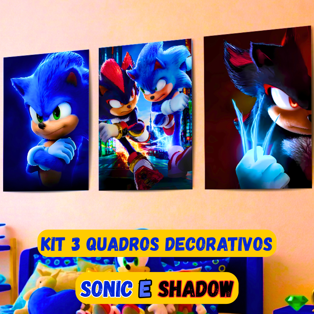 Quadro Decorativo Sonic e Shadow Filme Sonic 3 Quarto Infantil Kit Com 3 Peças