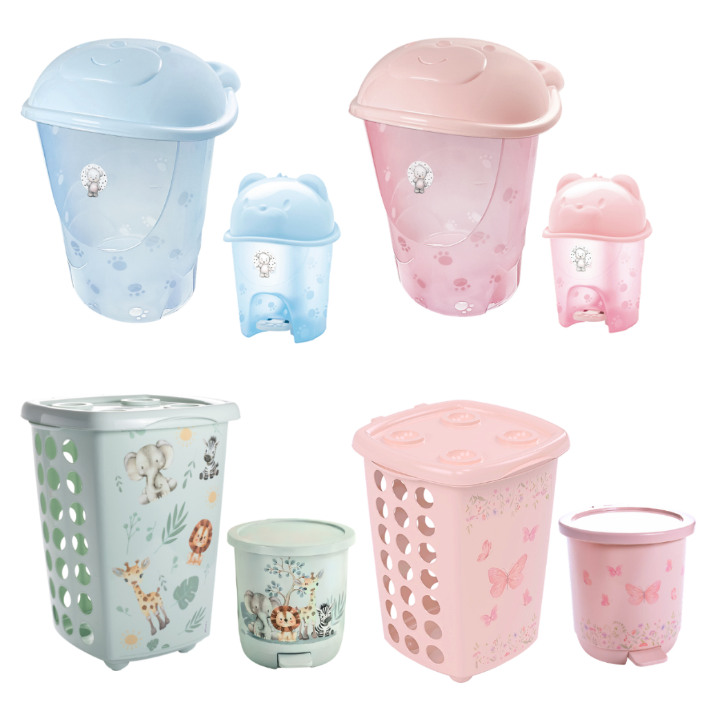 KIT CESTO DE ROUPAS + LIXEIRA PARA BEBÊ INFANTIL COM TAMPA E PEDAL - ADOLETA, PLASÚTIL, PLASTIBABY