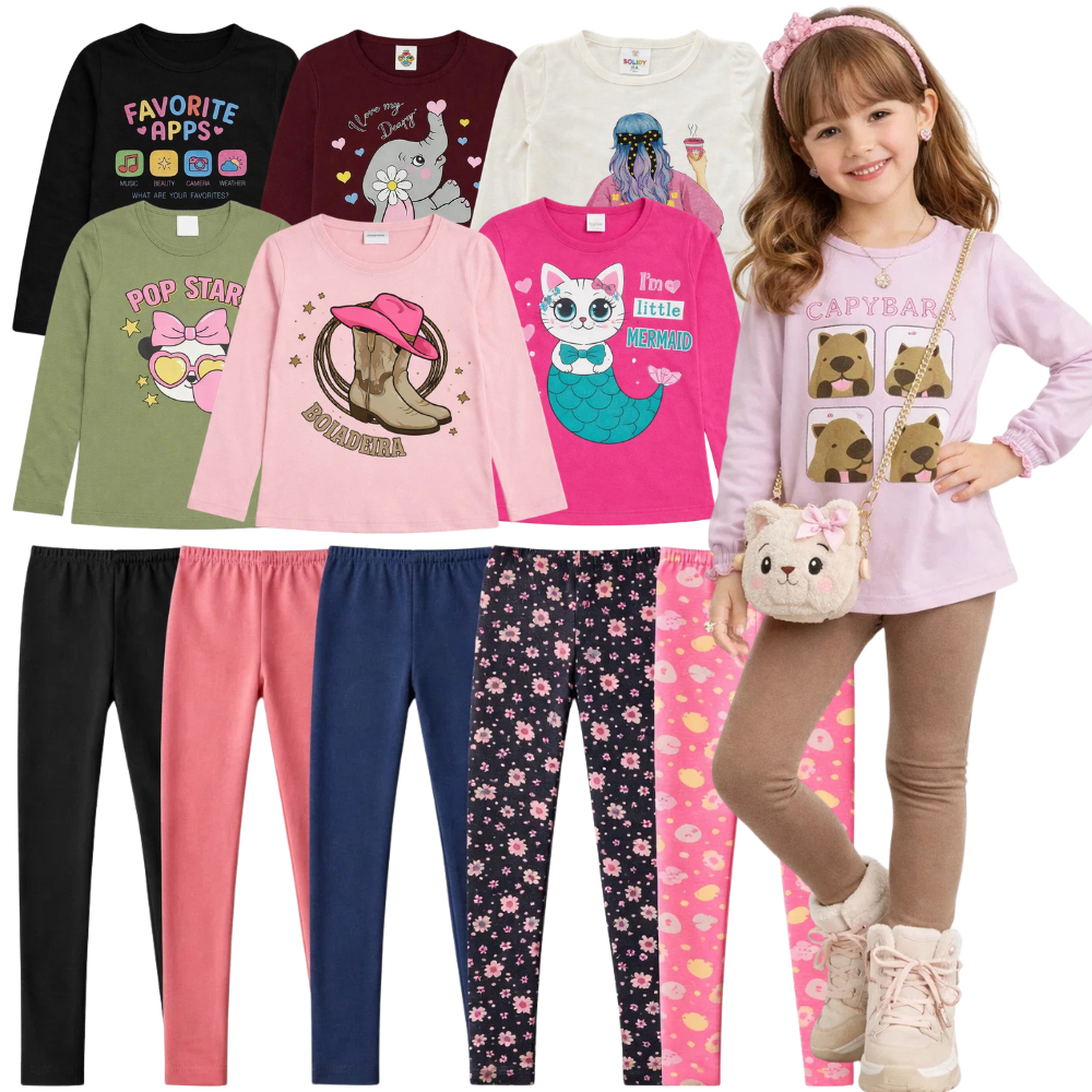 Conjunto Meia Estação Infantil Menina | Camiseta Manga Longa + Legging Infantil | Roupa de Frio Menina Sortido